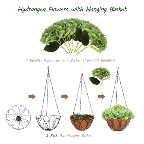 bellacat Real Touch Faux Hydrangea Flowers with 11" Hanging Basket, Fake Hanging Hydrangea Flowers with Realistic Flowers, Artificial Hanging Flowers for Outdoors Porch Patio Balcony (Green, 2Pack) - color: Green