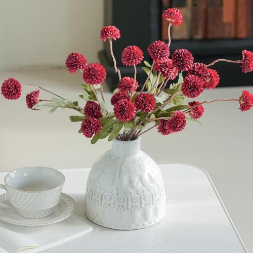 Laelfe Artificial Kiku Flower Wind Red- 5 Pcs Fake Pompon Mums Silk Small Chrysanthemum Faux Ball Fall Flower Stem Decor for Wedding Filler DIY Bouquet Centerpieces Arrangements Shower (Dark Red) - color: Dark Red