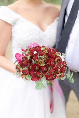 3 Bundles Mini Red Peonies Artificial Flowers,9.84" Red Silk Faux Ranunculus Flower, Artificial Peonies with Stems for Farmhouse Home Office Dining Table Wedding Spring Centerpiece Decor - color: Red Green