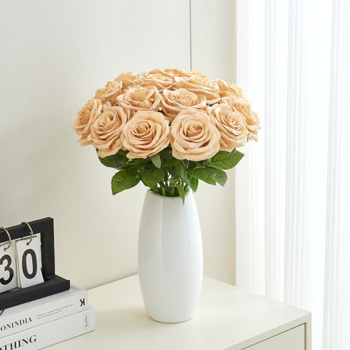 15pcs Fake Roses Artificial Silk Flowers Faux Rose Flower Long Stems Bouquet for Arrangement Wedding Centerpiece Party Home Kitchen Decor - color: 15pcs Beige