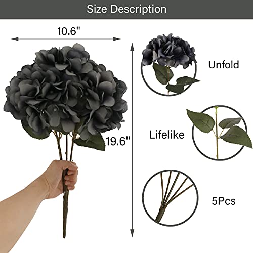Jim's Cabin Artificial Flowers Silk Hydrangea Arrangements 1Bouquet with 5 Big Heads Fake Flower Bunch for Women Bedroom Wedding Cabin Decor DIY (Grey) - color: Grey