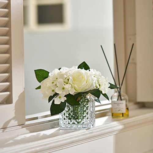Fule Artificial Silk Rose Flower Centerpiece Arrangement in Glass Vase with LED Light for Home Wedding Decoration (White) - color: White