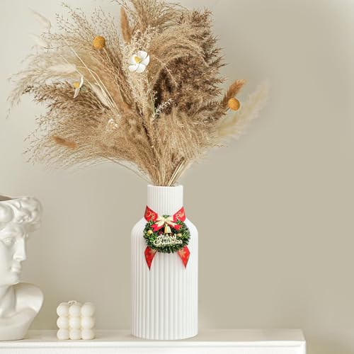 Pure White Ceramic Flower Vase for Christmas, Minimalist Modern Home Decor, Matte Finish Pampas Grass Vase for Table, Fireplace, Shelf, Mantel, Entryway and Centerpieces - color: Pure White, size: 8in