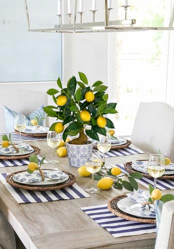 Artificial Potted Plants, 15.7 inches Small Fake Lemon Tree Artificial Lemons Citrus Tree with Blue and White Pot Faux Potted Plants Indoor Lemon Decorations for Home, Office, Living Room Table, Desk - style: Modern