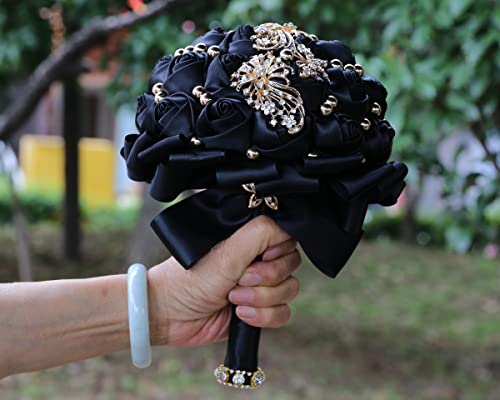 WIFELAI-A Gold Rhinestone Brooch Wedding Flowers Bridal Bouquets Crystal Bride Holding Bouquet White Ivory Satin Roses with Diamond - color: Black
