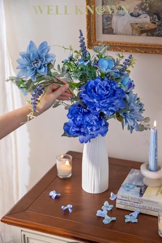 WELL KNOWN Artificial Flowers Bouquet, Blue Fake Flowers for Vase, Silk Faux Flowers DIY Spring Table Centerpieces for Wedding, Dining Room, Kitchen, Office, Farmhouse, Mom's Decor & Gift (Royal Blue) - color: Royal Blue