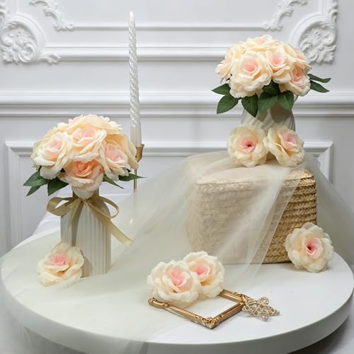50 Pcs Rose Flower Head, Artificial Flowers Bulk for DIY Crafts, 3in Fake Rose Silk Flower Head wit Stem, Faux Flowers for Decoration, Wedding Home Party Decor Garland Decor (50, Champagne) - color: Champagne