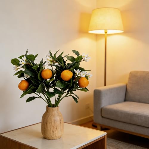 2PCS 16.9Inch Artificial Tangerine Branches Artificial Orange Branches Fake Orange Stem 6 Fruit with 42 White Flowers for Home Party Wedding Office Thanksgiving Indoor Outdoor Decor - color: 16.9inch Orange, size: 2 PCS