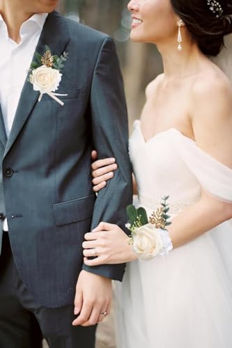 Champagne Rose Wrist Corsage Bracelet Wristlet Band and Men Boutonniere Set Artificial Flowers Corsage Wristband Boutonniere Set for Wedding Prom Bride Groom Homecoming Suit Decorations - color: Champagne