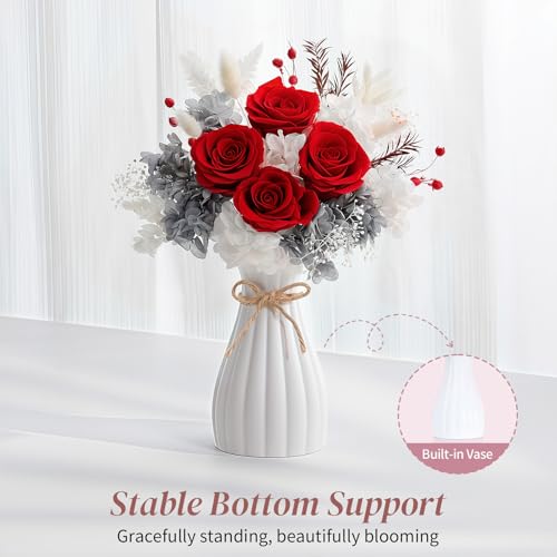Lewondr Flower for Delivery, Preserved Flowers Bouquet, Red Rose Bouquet with Gift Box, Real Long-Lasting Forever Birthday Flowers Gifts for Wife Girlfriend Mothers Day Anniversary Proposal, White-Red - color: White-Red