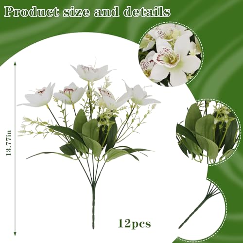 Coreland 12 Pcs Artificial Cattleya Flowers for Vase, Faux Silk White Flower Bouquets UV Resistant Fake Flowers for Indoor Home Decor, Floral Arrangement for Table Centerpiece Shelf Kitchen Bathroom - color: White - 12 Pcs