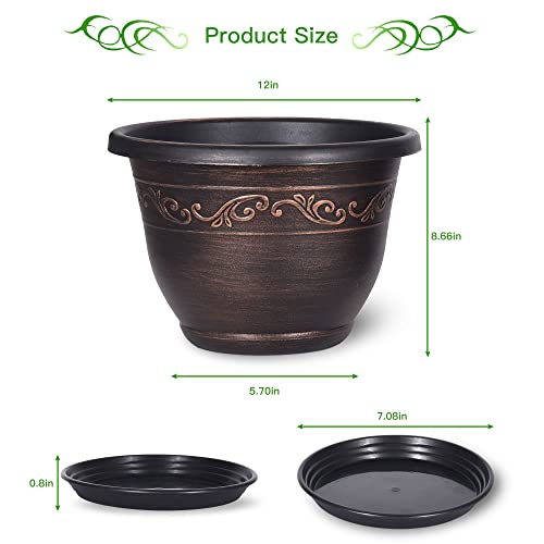 Plastic-Plant-Flower-Planters-12 Inch with Drainage Hole & Saucer, 3 Packs Lightweight Small Resin Flower Pot Indoor Outdoor, Retro Antique Imitation Decorative Garden Containers Sets for Houseplants - color: 3 Pack-12 Inch