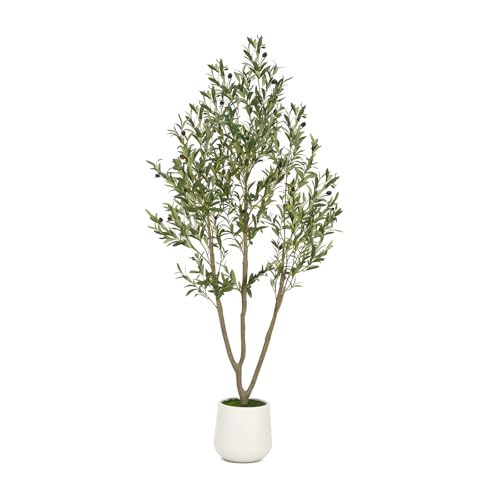 Artificial Olive Tree 6FT Tall Faux Olive Tree Artificial Indoor with Natural Wood Trunk and Lifelike Fruits Realistic White Planter Potted for Home Office Living Room Decor - size: 6ft