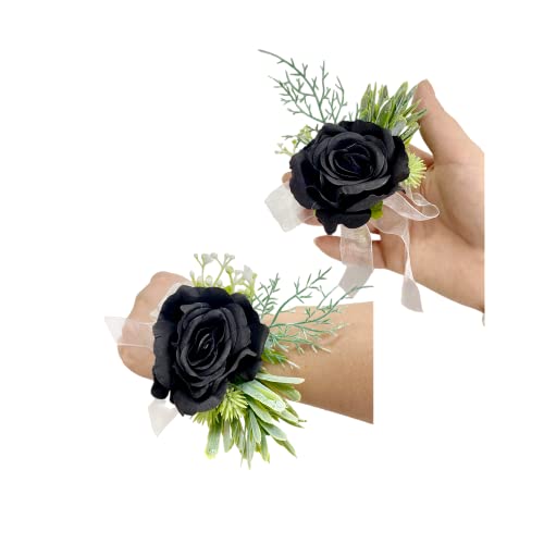 Rikyo Rose Wrist Corsage Wristlet Band Bracelet and Men Boutonniere Set, 2 Pack, Corsage for Prom, Bride Hand Flower Flowers Ceremony, Wedding Party Prom Decor, DIY Petals Hair Hat Wreath (Black) - color: Black