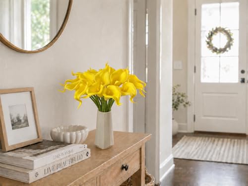 Mandy's 20pcs Pure Yellow Calla Lily Artificial Flowers | 13.5 Inch PU Realistic Bouquet for Vase Elegant Home Decor Centerpiece Wedding Bridal Bouquet Table Decoration - color: Pure Yellow