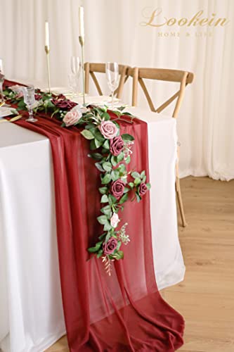 Lookein Artificial Rose Flower Garland Greenery Garland 5FT for Wedding Ceremony Backdrop Arch Flowers Table Centerpieces Decorations, Burgundy - color: Burgundy