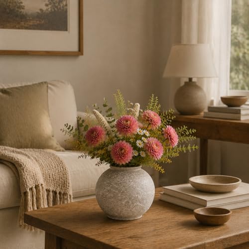 Small Ceramic Flower Vase 5.5 Inches, Farmhouse Round Decorative Vase for Flowers, Rustic Textured Vase, Home Decor for Living Room Shelf Table Centerpiece - color: Gray