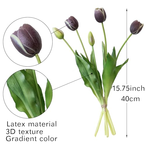 Artificial Tulips Flowers,Soft Touch Latex Bouquet, Fake Tulips,Spring Wedding Home Room Table Centerpiece Decor - color: 40pcs Dark Plum Set(no Vase)