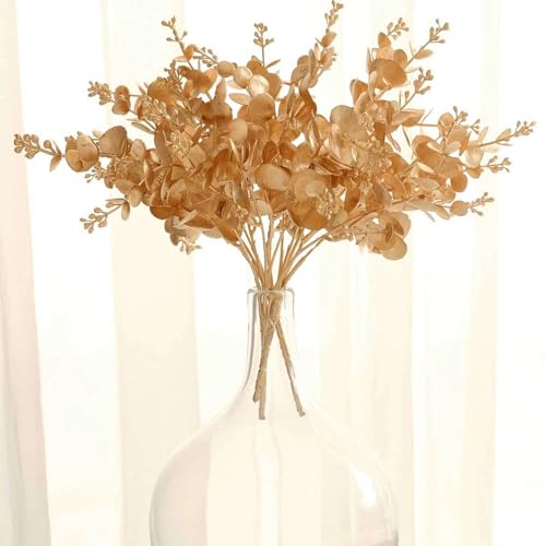 Efavormart 4 Pack 12 inch Metallic Gold Artificial Eucalyptus Leaves Bushes, Faux Spray Plant Vase Fillers for Small Vessels and Intimate Table Settings - color: Type19