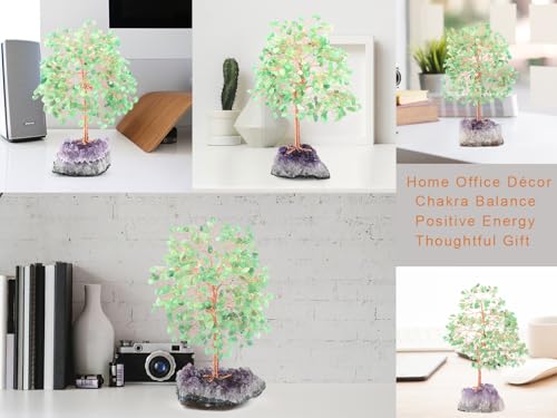 Crystal Tree of Life,Natural Green Aventurine (406 Beads Count) Amethyst Cluster Base, Positive Energy Feng Shui Gem Bonsai Money Tree Good Luck,Gift Size 8.5-9 Inches - color: Aventurine With Amethyst Cluster Base