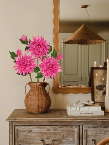Artificial Dahlia Flowers – Set of 3 | 27.9" Tall Real-Touch Silk Dahlia Stems with Large 6.1" Blooms | Lifelike Deep Pink Faux Flowers for Home Decor, Wedding, Centerpieces & Floral Arrangements - color: Hot Pink