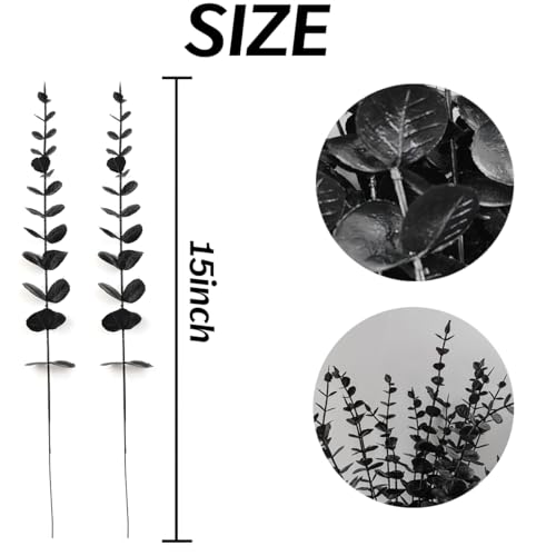 TIHOOD 14PCS 15” Black Eucalyptus Stems Artificial Eucalyptus Leaves Branches Fake Eucalyptuses Decor Faux Eucalyptus leaf Stem for Halloween Autumn Fall Floral Arrangement Wedding Bouquet Home Office