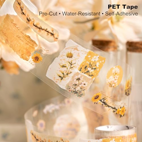 6 Rolls Floral Pre-Cut PET Sticker Tape Set, 1.97in x 78.7in Each, Vintage Botanicals & Script for Scrapbook Journals, Planners, DIY Décor - style: Floral Musings