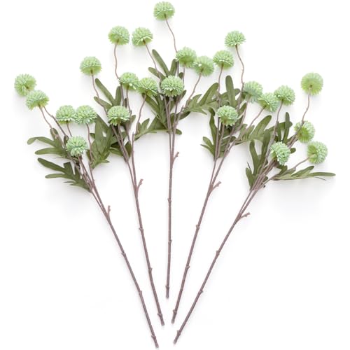 Laelfe Artificial Pompon Mum, 5Pcs Fake Kiku Flowers Silk Small Mini Chrysanthemum Ball Faux Mum Decor for Vase Filler DIY Bouquet Centerpieces Arrangements Shower (Green) - color: Green