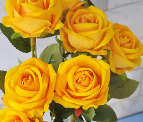 Kenpal Realistic Fake Roses Artificial Flowers with Stem for Decoration Floral Arrangement Centerpieces Wedding Bouquets (10, Yellow) - color: Yellow