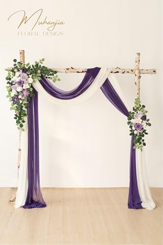 Muhanjia Artificial Wedding Arch Flowers Kit(Pack of 4),2Pcs Artificial Flower Arch Decor, 2Pcs Chiffon Fabric Drapes, Ceremony Decoration, Floral Outdoor Party Decor (Violet & Champagne) - color: Violet & Champagne