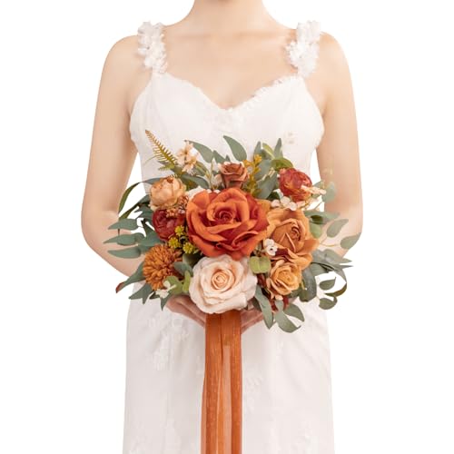 TINGE TIME Wedding Bouquets for Bride, 9 Inch Handcrafted Silk Bridal Flowers Bouquets for Fall Wedding Ceremony, Gift for Bridesmaid, Bouquet for Party Church Decoration (Brunt Orange) - color: Terracotta