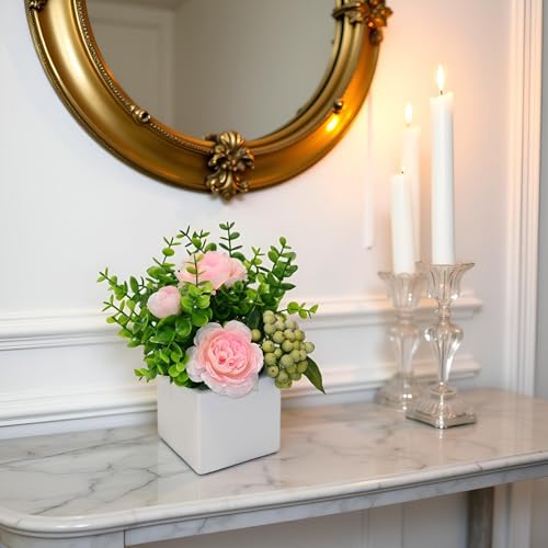 Pink Artificial Rose Eucalyptus Berry Faux Floral Table Home Bathroom Decor | Faux Floral Decor with Eucalyptus Leaves Frosted Green Berries, Small Potted Plant for Office Desk Indoor Home Decorations - color: Pink+green