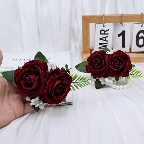 2Pcs Burgundy Rose Wrist Corsage Wristlet Band and Men Boutonniere Set, for Wedding Ceremony Artificial Flowers Accessories Homecoming Prom Suit Decorations - color: Burgundy