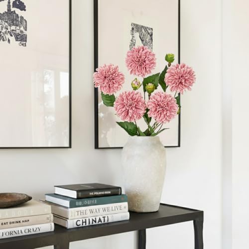 Hollyone Pink Dahlia Artificial Flowers 5Pcs Fake Dahlia Flowers for Decoration Silk Flower with Long Stem 17.7" Floral Arrangements Bouquets Indoors Outdoors Faux Dahlias Centerpieces Home Decor - color: Pink