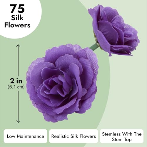 Bright Creations Artificial Flowers Stemless Silk Rose Heads - 2 in, 75 Pack, Purple - Wedding & Bridal Shower Decorations - Centerpiece Table Decorations & Flower Wall Backdrop