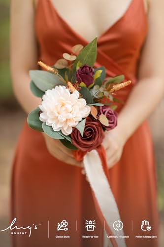 Ling's moment Artificial Flowers Terracotta Bridesmaid Bouquet, Fall Wedding Flowers Bouquets for Bridesmaids, 7 Inch Bridal Bouquets for Bridesmaids, Wedding Decor, Ceremony, Anniversary, etc - color: Or-burnt Orange