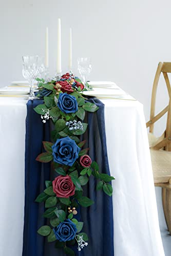 PONATIA 5FT Handcrafted Artificial Rose Flower Garland, Burgundy Flower Garland for Wedding Ceremony Garlands Backdrop Arch Flowers, Ceremony Reception Table Decorations (Burgundy & Navy) - color: Burgundy Navy