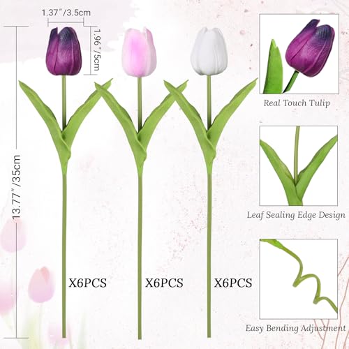 Beferr 18pcs Tulips Artificial Flowers Faux Tulip Real Touch Tulip Fake Flowers Bouquets Arrangements for Mothers Day Spring Easter Wedding Home Table Decor Blue - color: F-18pcs-3colors-mix Purple, size: 18PCS