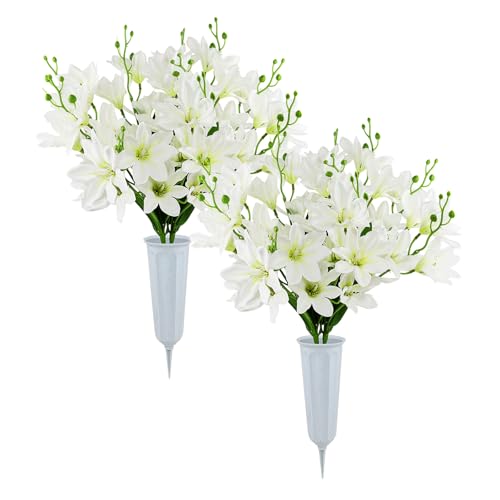 Artificial Cemetery Flowers with Vase -2 Set of White Silk Memorial Orchids with Headstones Vase for Grave Graveyard Decoration - color: 2 White