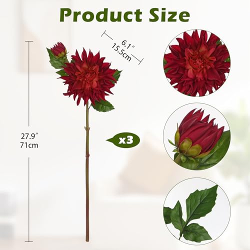 Artificial Dahlia Flowers – Set of 3 | 27.9" Tall Real-Touch Silk Dahlia Stems with Large 6.1" Blooms | Lifelike Red Faux Flowers for Home Decor, Wedding, Centerpieces & Floral Arrangements - color: Deep Red