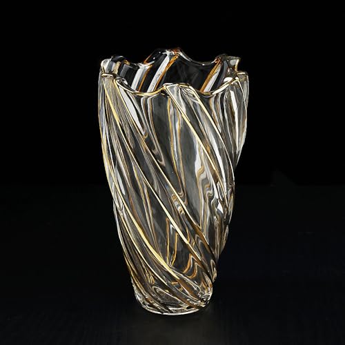 Hand Painted Gold Crystal Vase 11.2 inch Tall-Unique Whirlwind Shaped Glass Large Vase Home Office Decor for Living Room Dining Table Centerpieces, Birthday and Wedding.