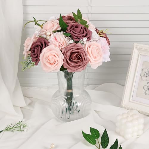 Artificial Flowers Combo Dusty Pink White Roses with Stems Leafs Bouquets Bridal Wedding Shower Decorations Fake Floral for Party Table Centerpieces - color: Wine