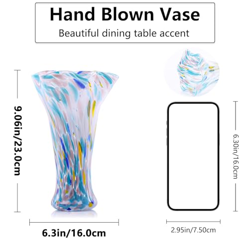 9.0" H Blue Glass Vases for Flowers, Unique Hand Blown Glass Vase Blue Home Decor, Wide Mouth Colorful Flower Vase Centerpieces, for Living Room Table Bookshelf, Bathroom Office Shelf Decorative - color: Multicolor Blue