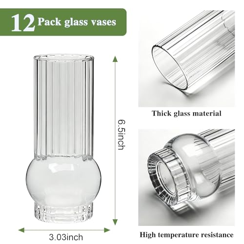 Ribbed Glass Cylinder Vases，6.5 Inch Drinking Glasses，Flower Vase 12 pcs | for Home Decor, Wedding Centerpiece Table Decoration, Modern Glass Flower Vases for Living Room, Dining Table & Event Styling - size: Ribbed Juice Vase-12PCS