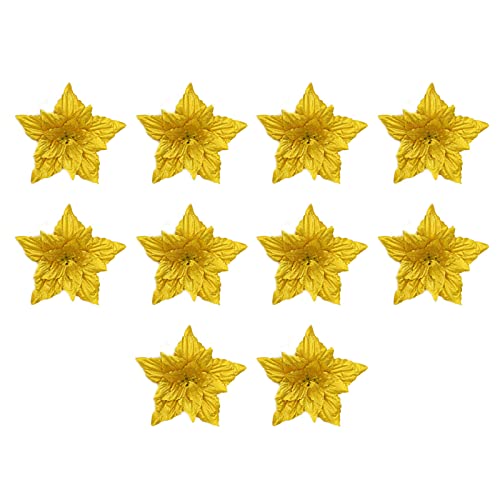 Eeghurt 10 Pcs Christmas Glitter Poinsettia Artificial Flowers Decorations with 10 Pcs Clips, 7.1 Inches Large Fake Double Layer Flowers Wedding New Year Ornaments for Xmas Tree Decor, Yellow.