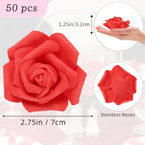 50 PCS Deep Red Foam Rose Stemless Artificial Flower Head Bulk 2.75in Mini Fake Simulated Eternal Flores Roses Flower for DIY Craft Bridal Bouquets Centerpieces Arrangement Home Decoration - color: Deep Red