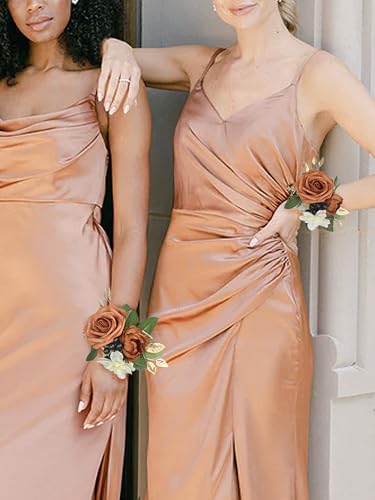 Rinlong 2Pcs Terracotta Wrist Corsage for Wedding, Prom, Homecoming | Burnt Orange Bridesmaid Wristlet, Mother of the Bride Flower Corsage - color: 01-terracotta