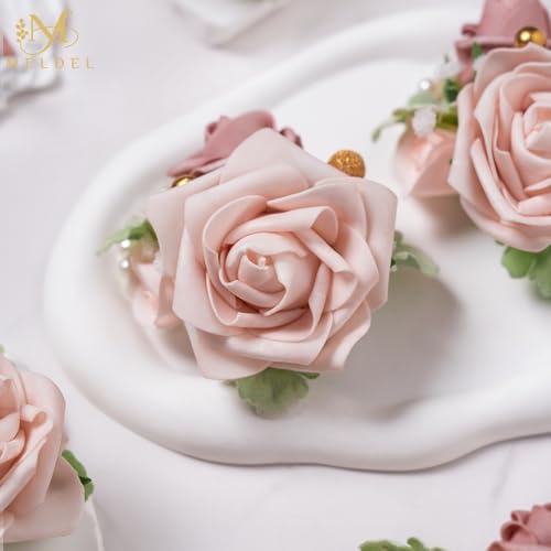 6Pcs Dusty Pink Faux Foam Rose Corsages for Women Wedding 6Pcs | Artificial Foam Rose Corsages Wristlet for Wedding Prom Bride Bridesmaids Homecoming Party Ceremony Anniversary - color: 6pcs Champagne Pink Wrist Corsage