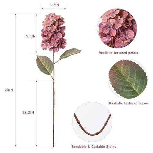 Ttranewsoo Burgundy Hydrangea Artificial Flowers,Fall Hydrangeas Artificial Flowers, Fake Fall Dried Hydrangea Decoration,Faux Silk Flower with Stems Winter Decor(Red Rose 24" 8pcs) Without Vase - color: Rose Red