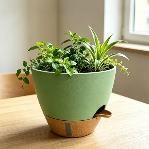 12"/10"/9"/8" Self Watering Pots with Visual Water Window,Extra Large Self Watering Plant Pots with Drainage Holes & Saucers,Green Planters for Indoor Plants,4-Pack - color: Green